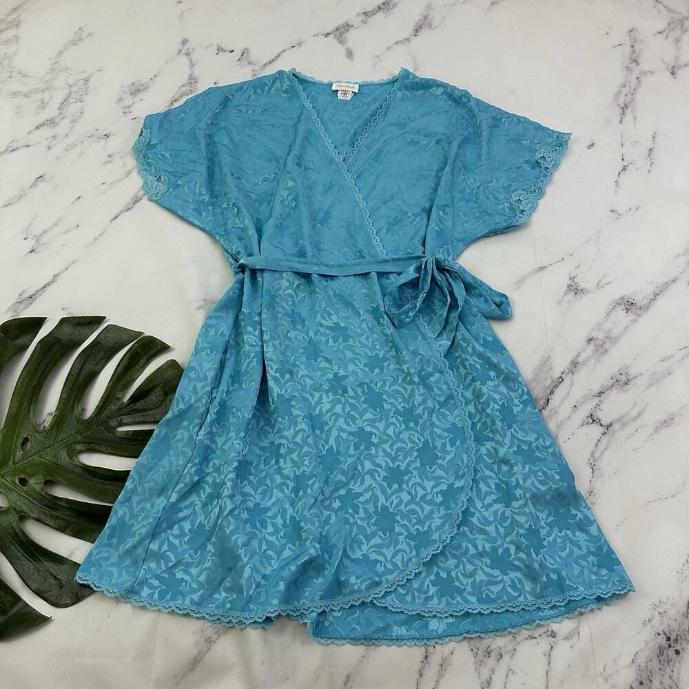 Barbizon Womens Vintage 80s Robe Size L Turquoise Blue Floral Jacquard Satin